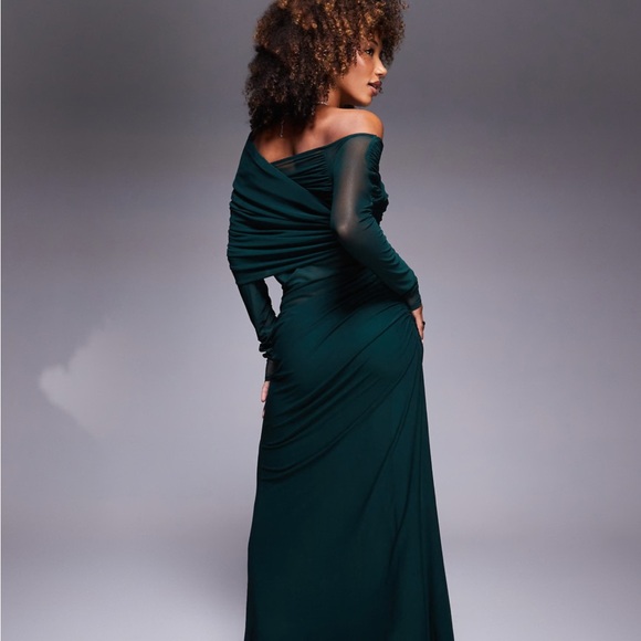 ASOS Emerald Long Sleeve Off-Shoulder Dress - Picture 2 of 11